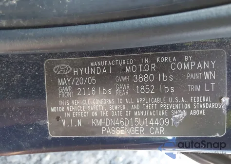 2005 Hyundai Elantra Gls/Gt из США, поврежденный, VIN KMHDN46D15U144091